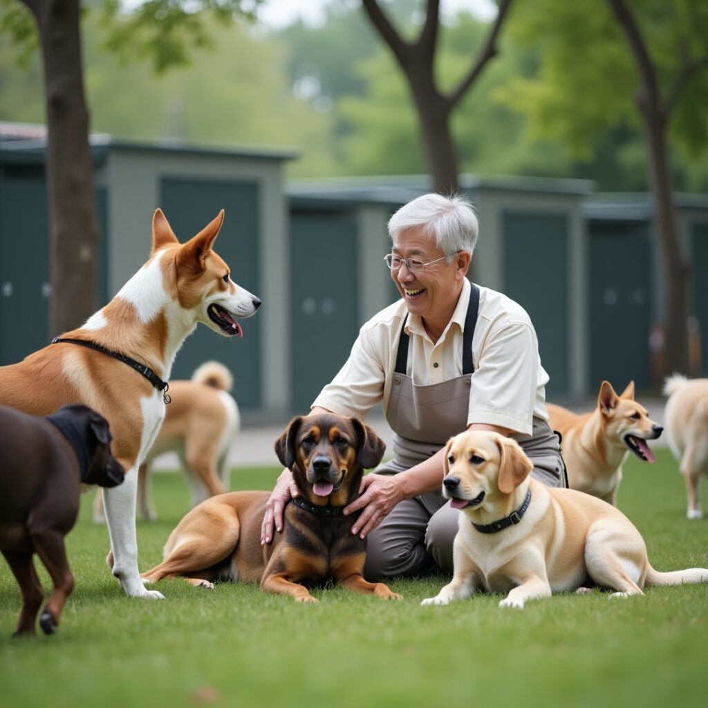 여러 마리 강아지를 돌보는 선우민사장님